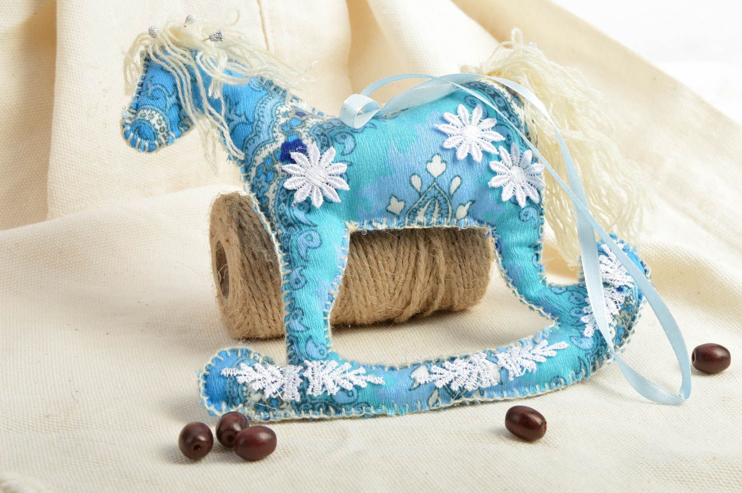 Handmade decorative wall hanging interior fabric soft toy blue rocking horse photo 1
