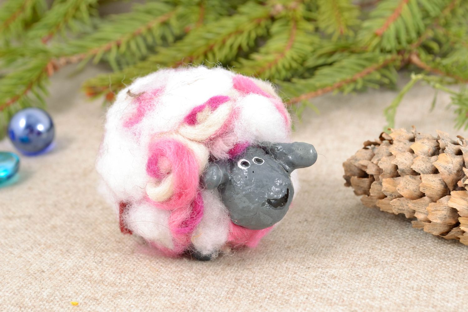 Papier mache statuette with wool Pink Sheep photo 1