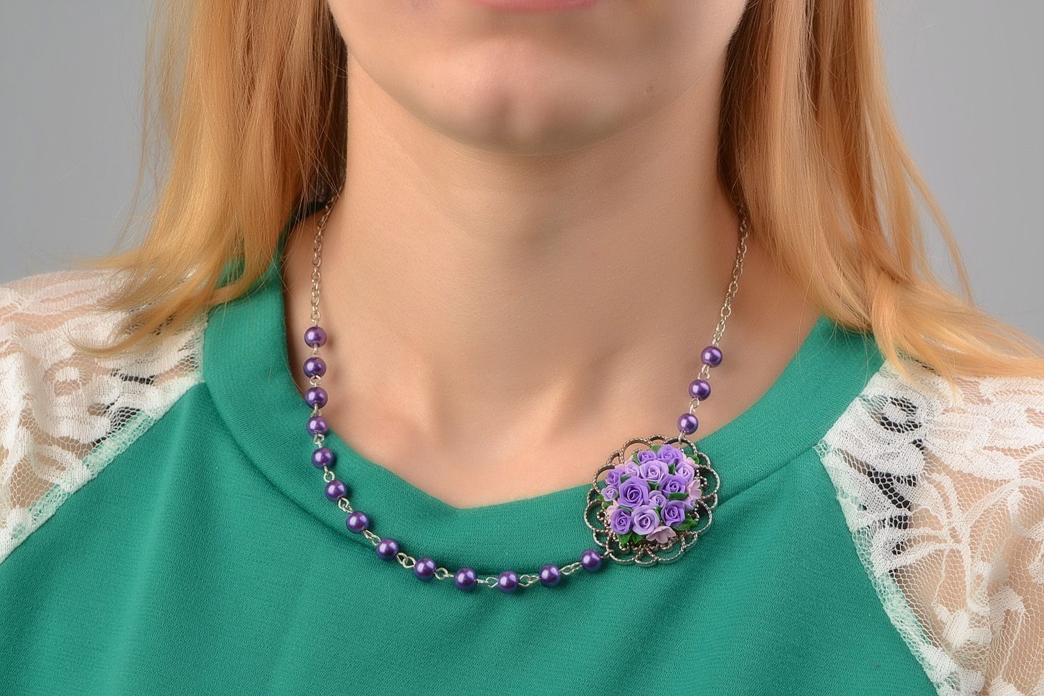 Tender handmade necklace with lilac polymer clay flower for romantic girls photo 1