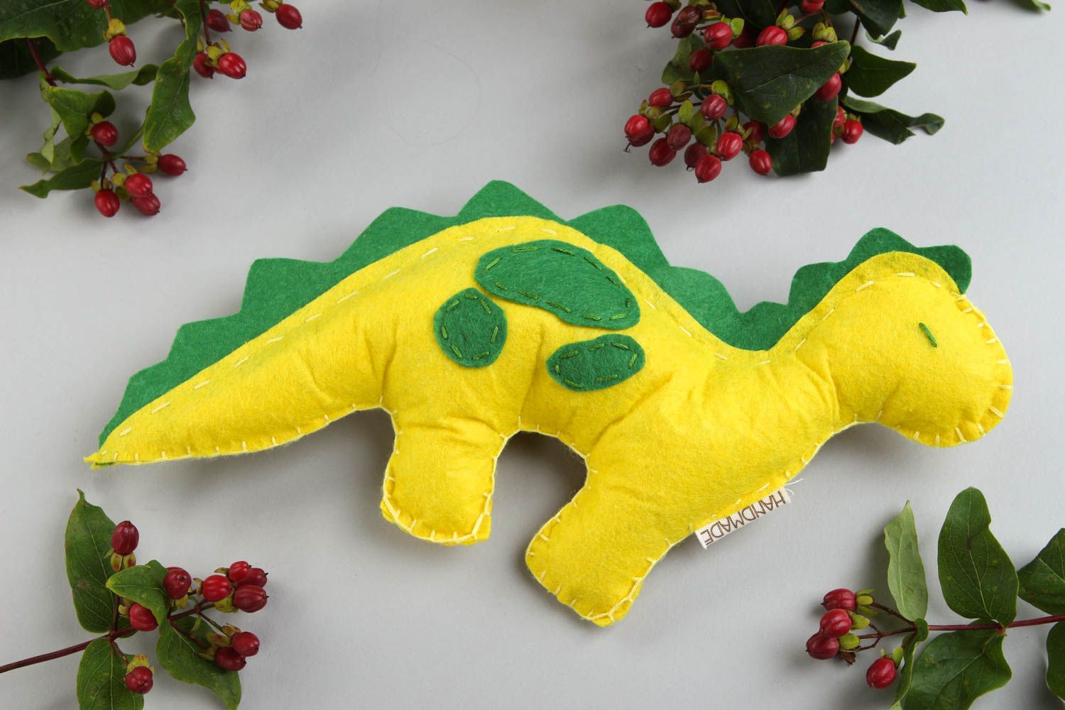 Peluche dinosaure faite main Jouet feutrine jaune-vert Cadeau pour enfant photo 1