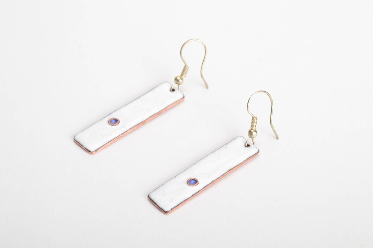 Handmade copper long earrings with charms with white enamel stylish accessory photo 2