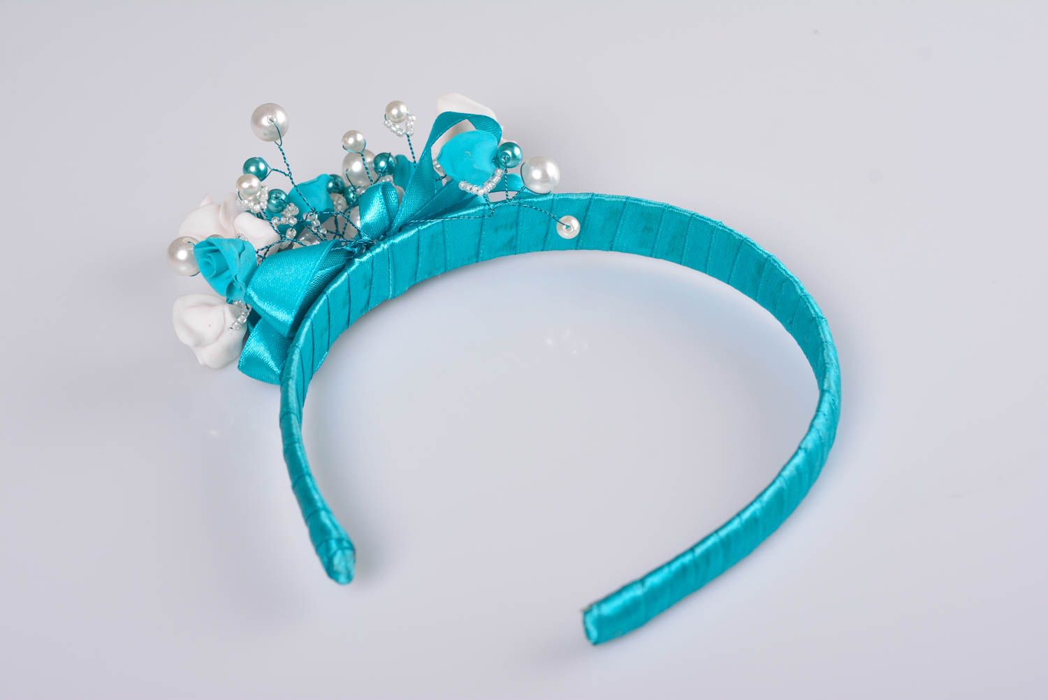 Beautiful blue handmade designer polymer clay flower headband with beads photo 5