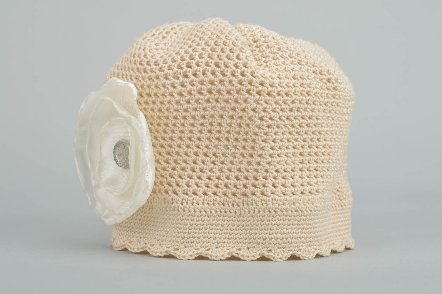 Handmade cap crocheted hat accessory for baby girl spring hat beige color photo 1