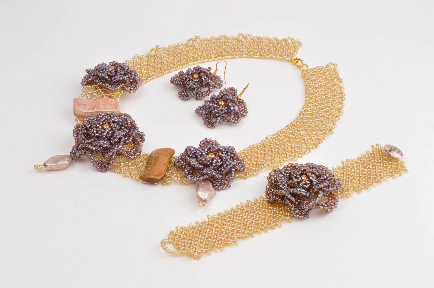Handmade beaded necklace earrings bracelet designs artisan jewelry set photo 2