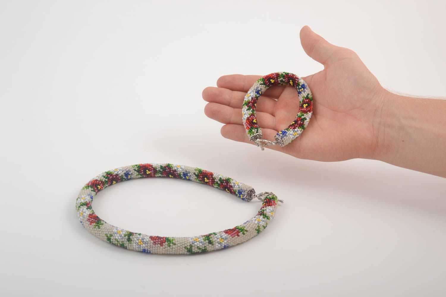 Handmade Schmuck Set aus Rocailles Collier Halskette Damen Armband Mohnblumen foto 4