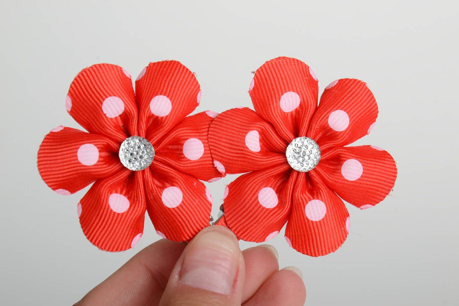 Handmade hair clips with red polka dot satin ribbon flowers set of 2 items photo 5
