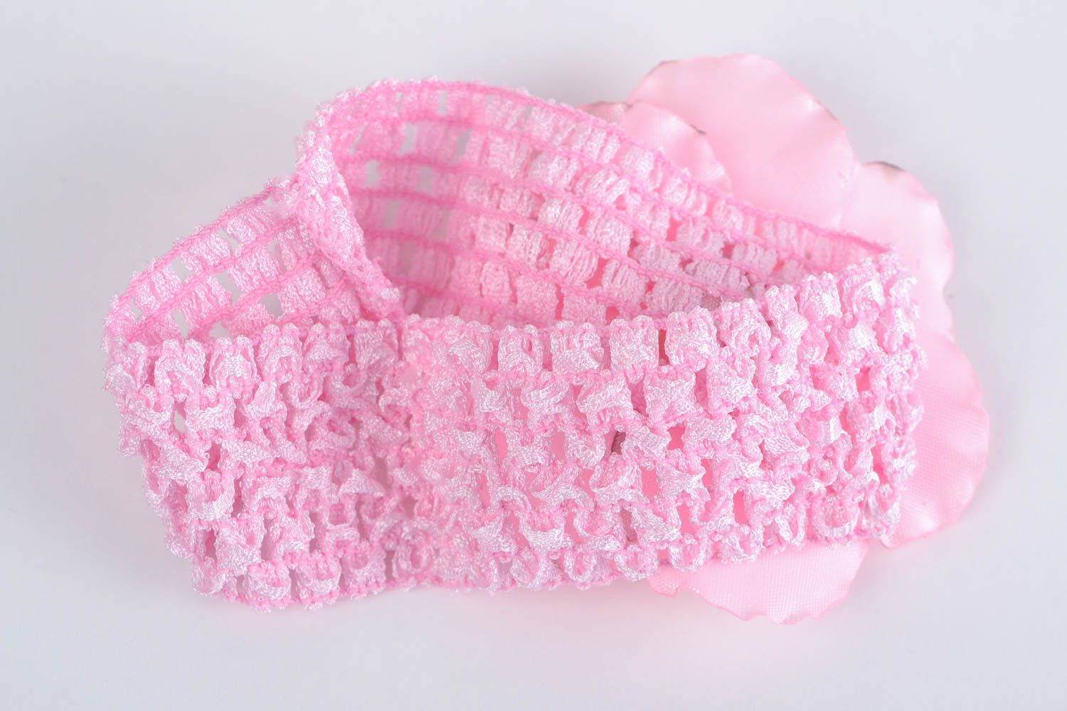 Tender pink handmade designer headband with volume satin ribbon pink flower photo 5