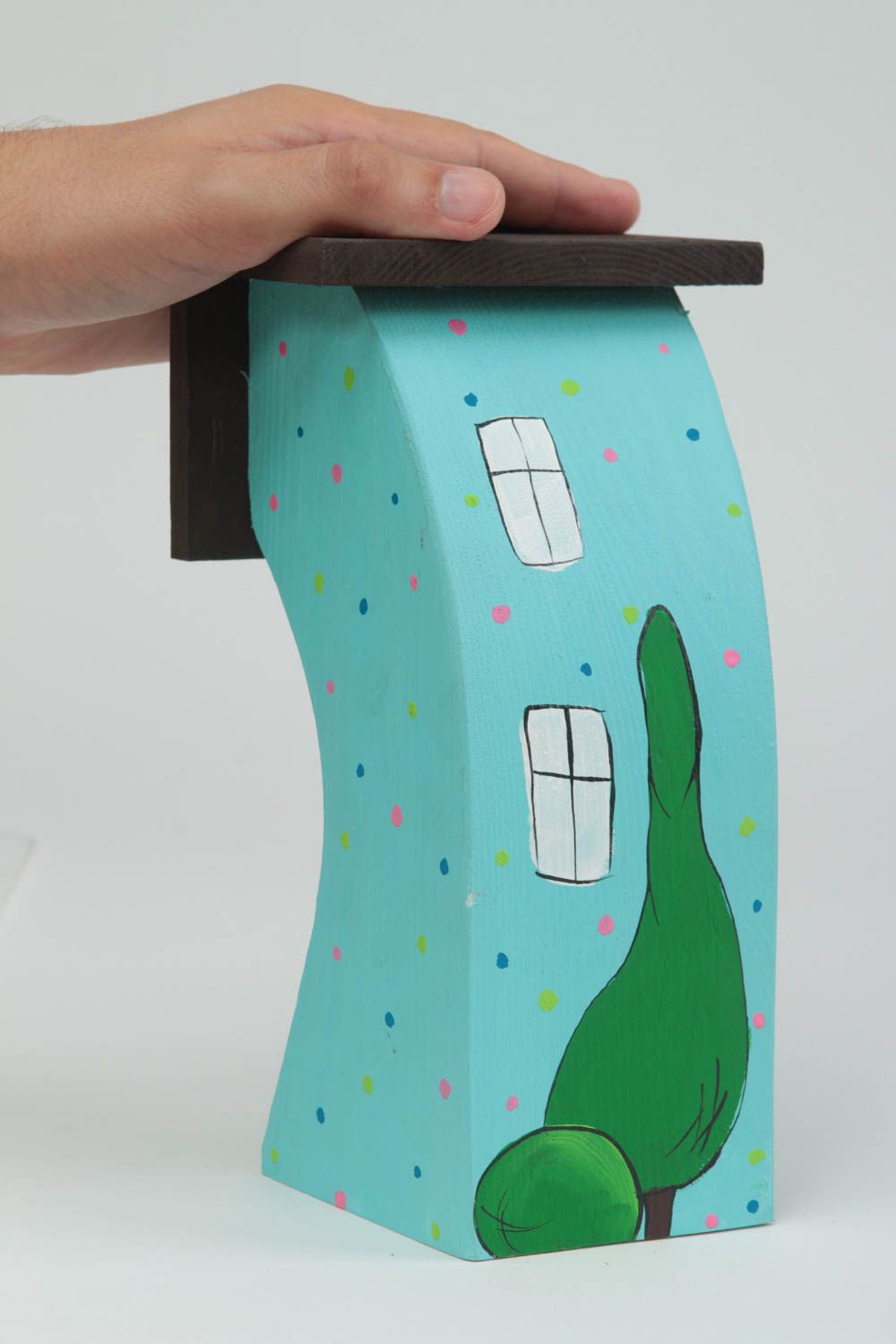Фигурка из дерева для декора домик из сосны ручной работы голубой экологический фото 4