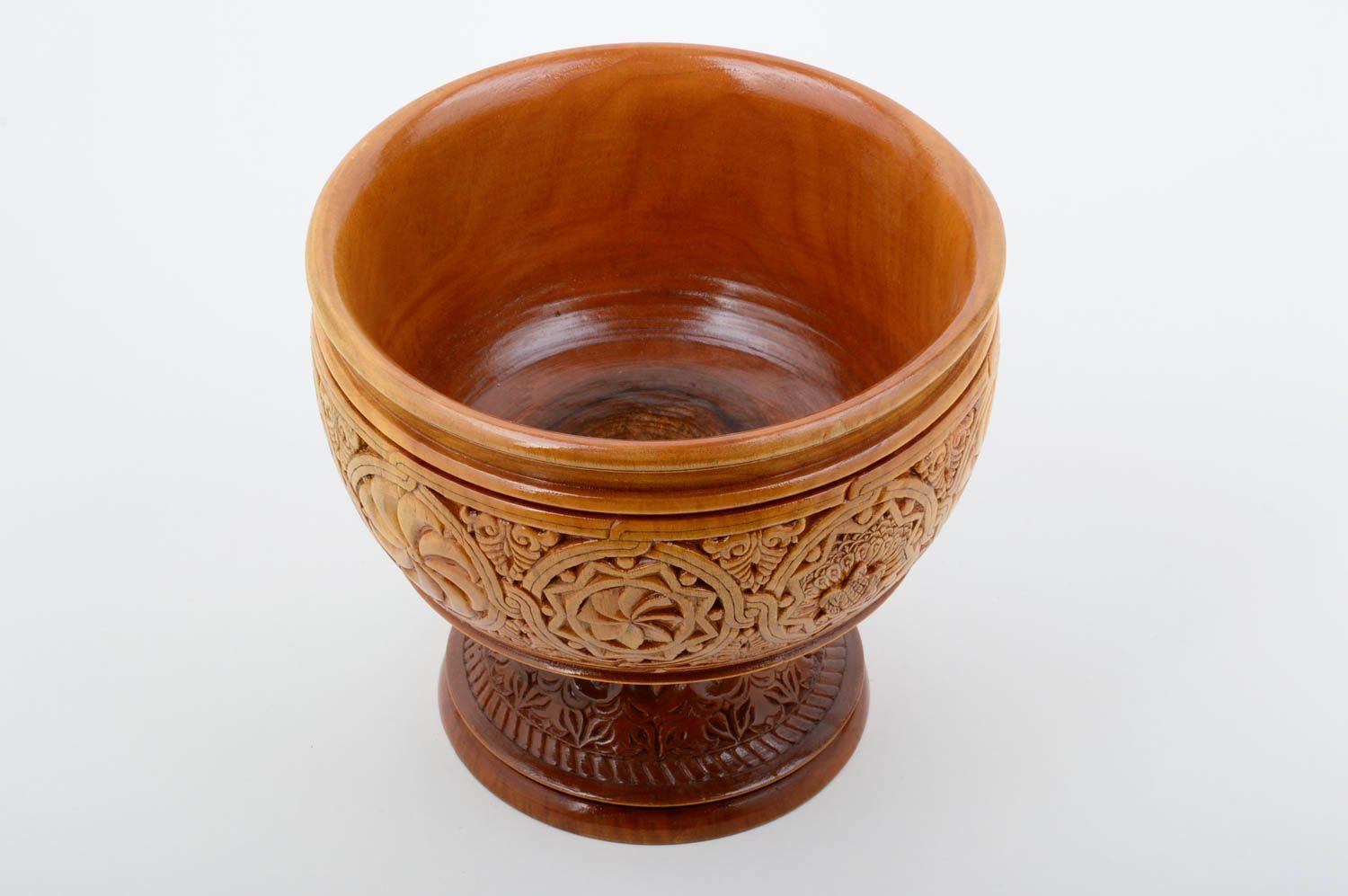 9 inches wide, 8 inches tall wooden handmade bowl vase with carvings 3,2 lb photo 2