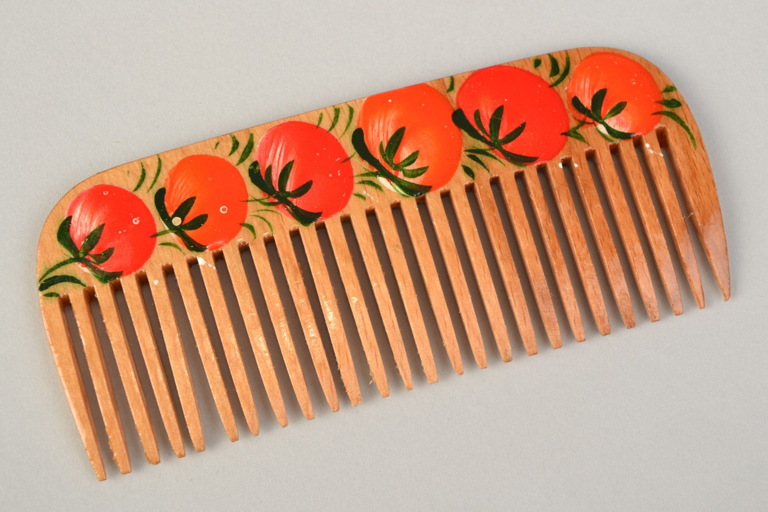 Homemade wooden hair comb with Petrikov painting Tomatoes photo 3