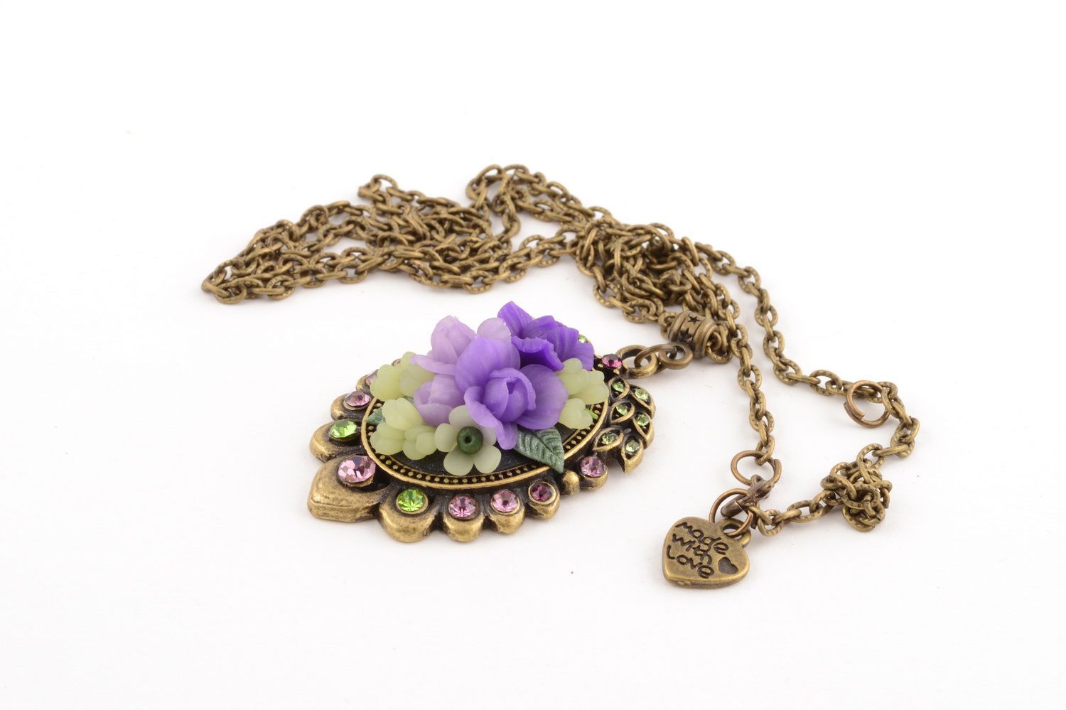 Handmade stylish pendant made of polymer clay on chain with lilac roses photo 3