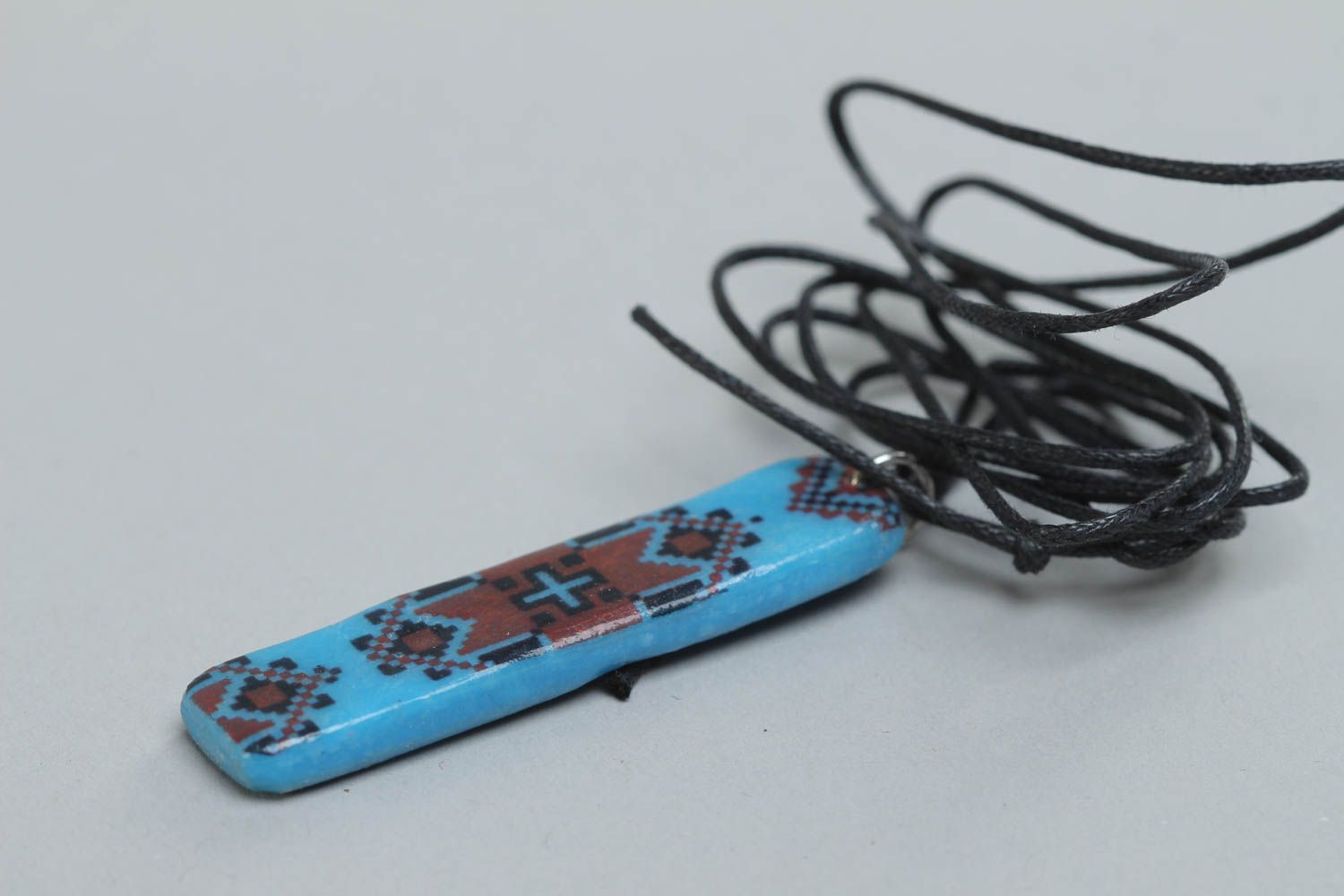 Polymer clay handmade designer pendant with ethnic print on long cord photo 3