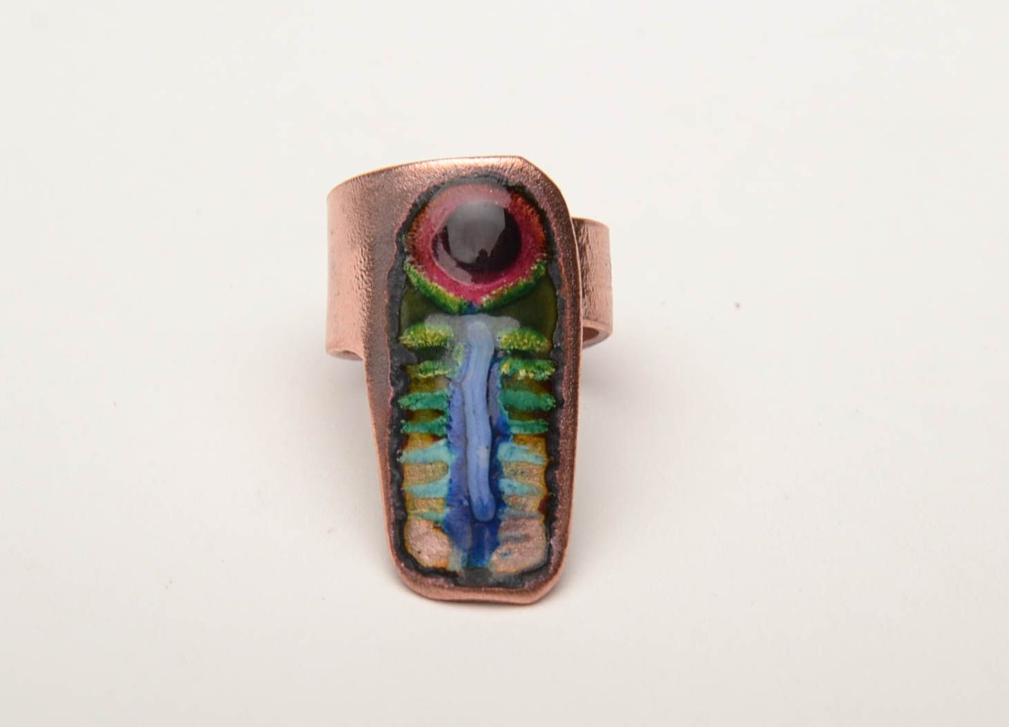 Copper ring with unusual ornament painted with enamels photo 2