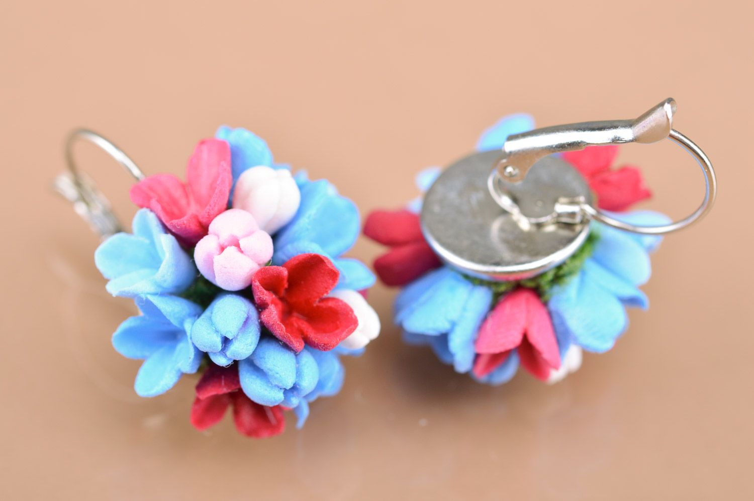 Handmade beautiful designer plastic flower earrings in the shape of spheres photo 3