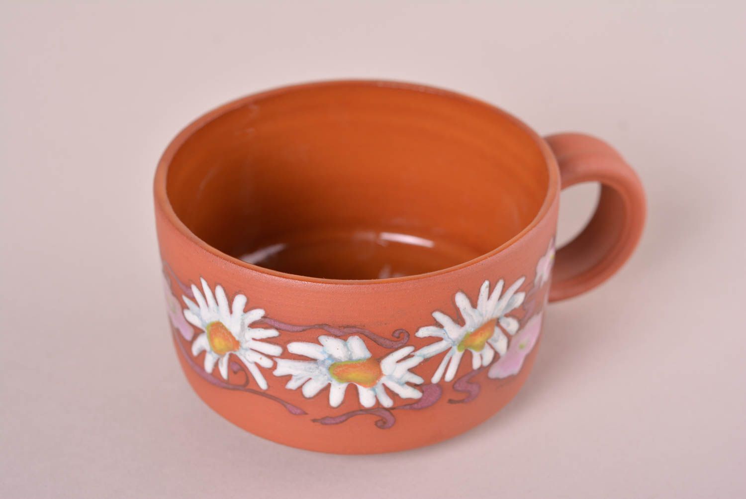 5 oz clay glazed wide coffee cup with handle and camomile floral pattern photo 3