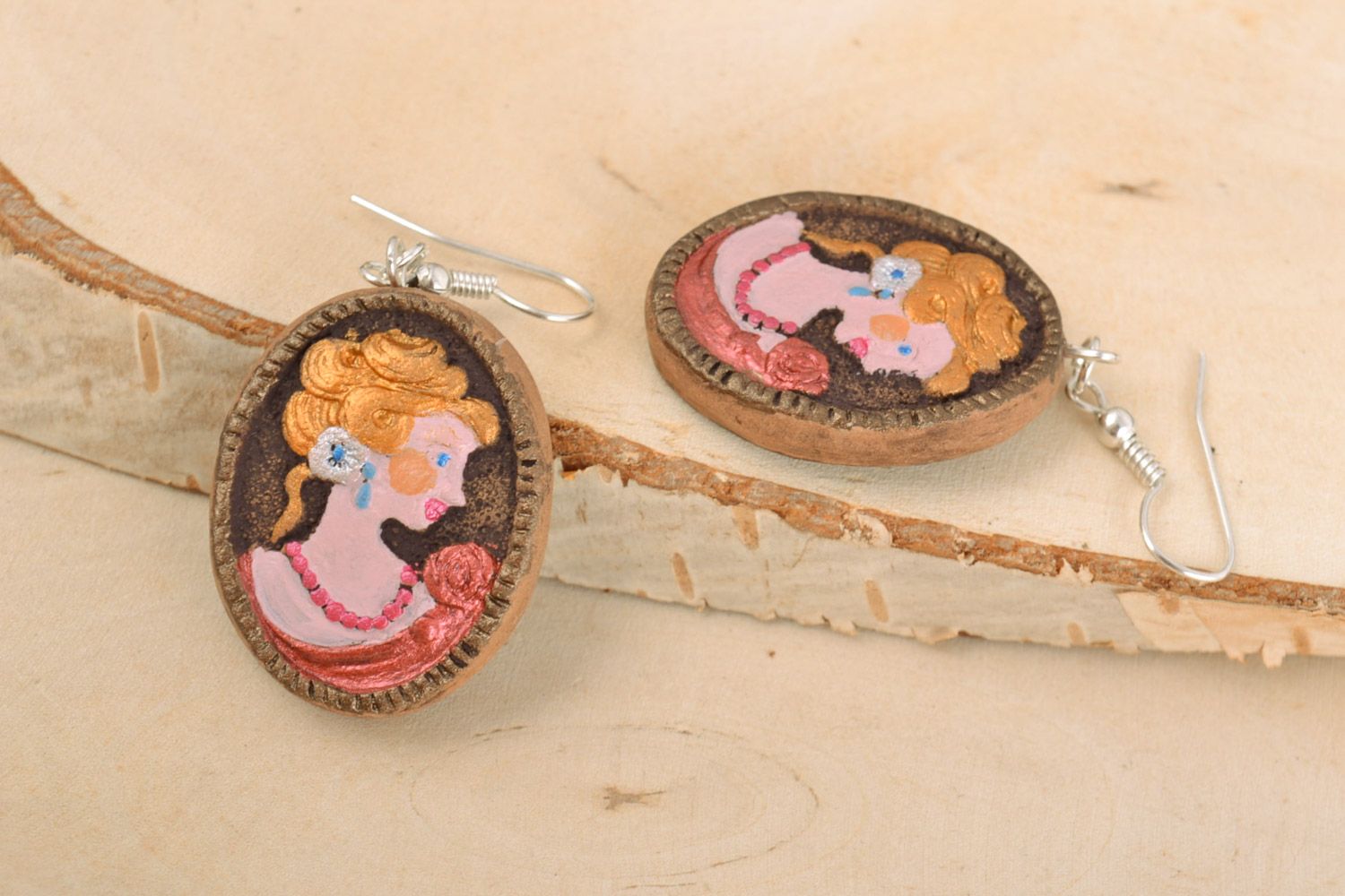 Beautiful women's handmade clay dangle earrings with painting photo 1