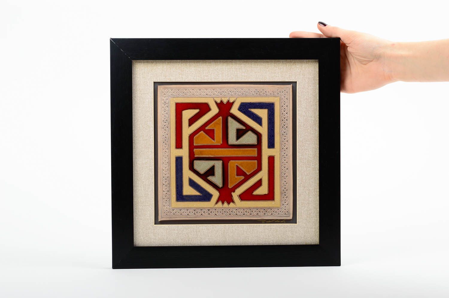 Keramische Fliese mit Muster im Rahmen Wand Dekor handmade grelle Geometrie  foto 1