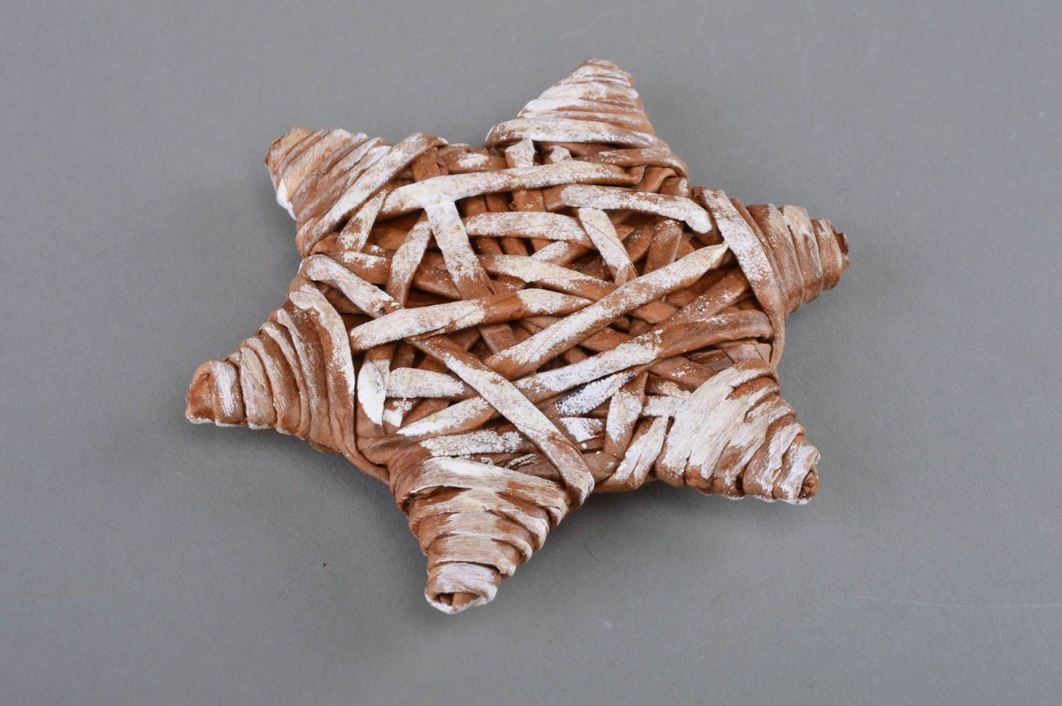 Handmade decorative paper woven wall hanging six edged star white and brown photo 4