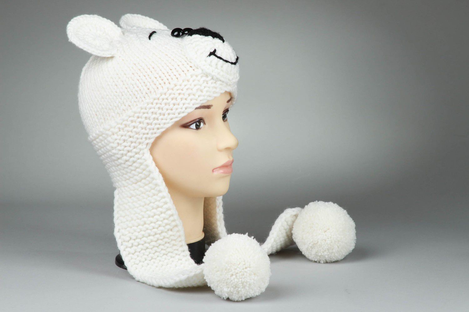 Knitted hat Bear, white color photo 2