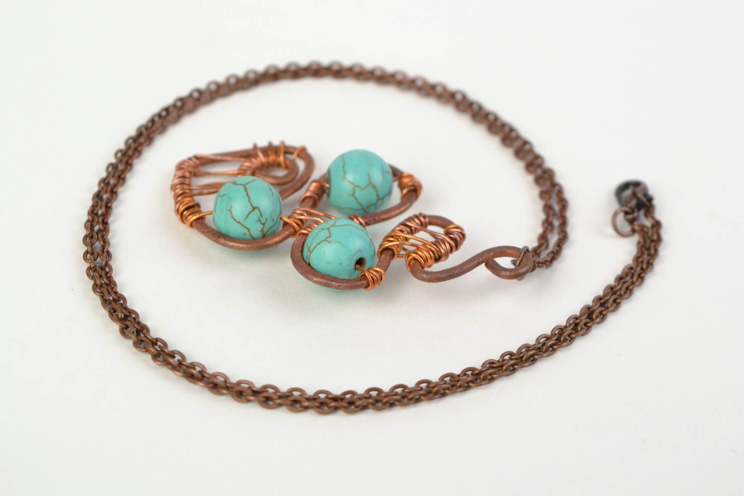 Handmade copper wire wrap pendant with turquoise on long chain stylish accessory photo 5