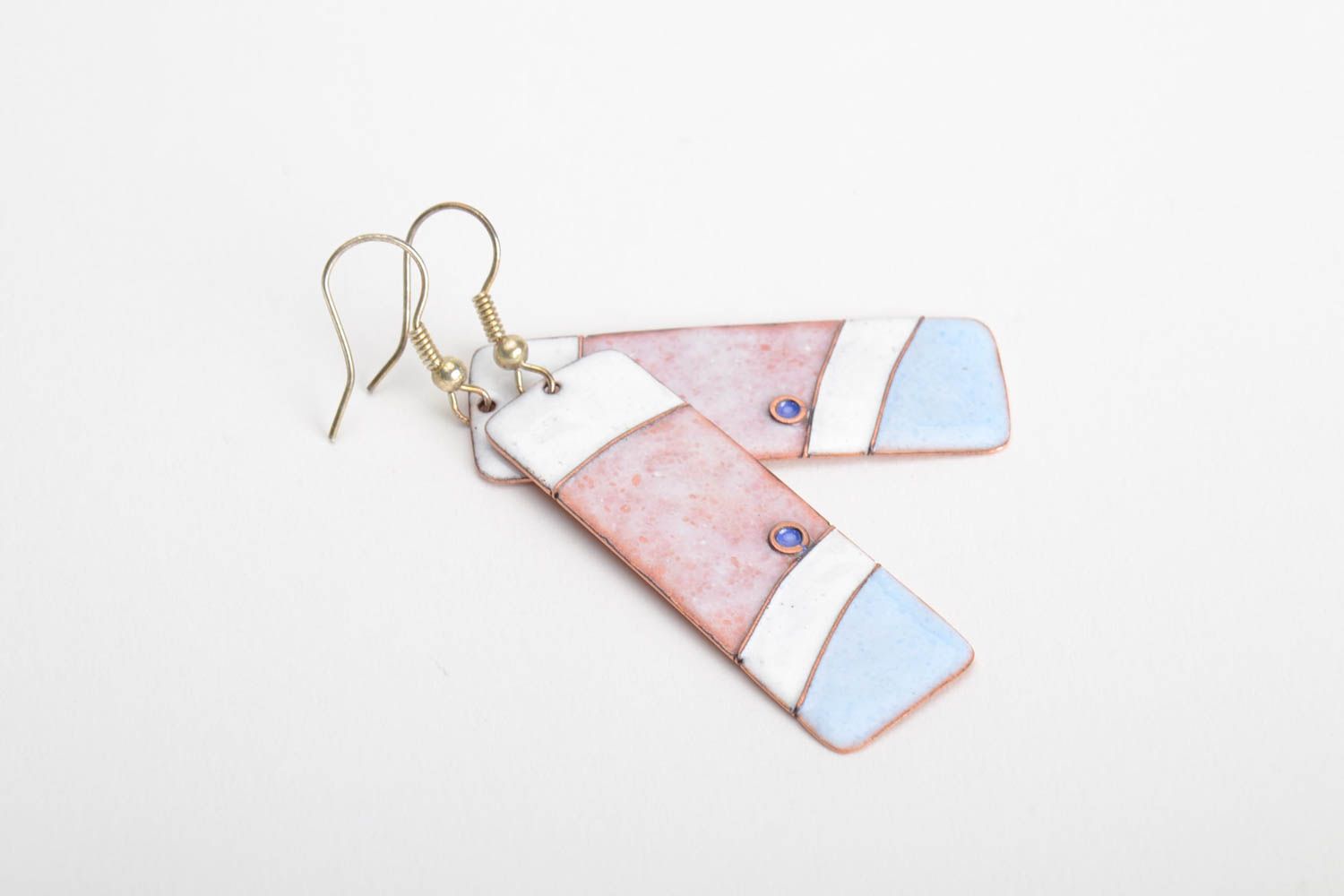 Handmade long stylish copper earrings with charms painted with hot enamel photo 4