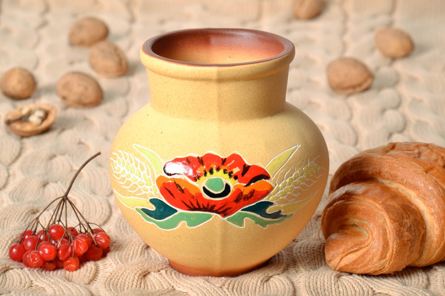 30 oz handmade ceramic milk jug with floral decoration 1,4 lb photo 1