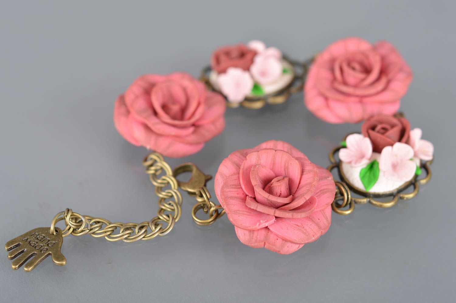Beautiful handmade bracelet made of polymer clay with roses in vintage style photo 1