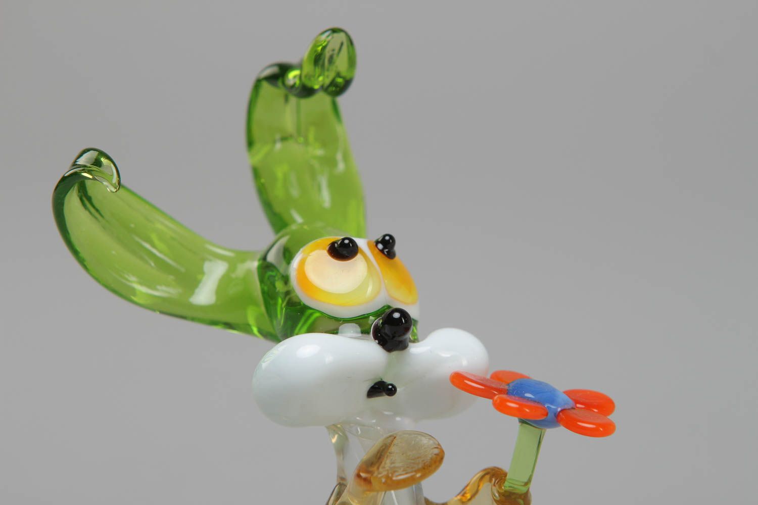 Figurine miniature en verre au chalumeau multicolore faite main Lièvre et fleur photo 2
