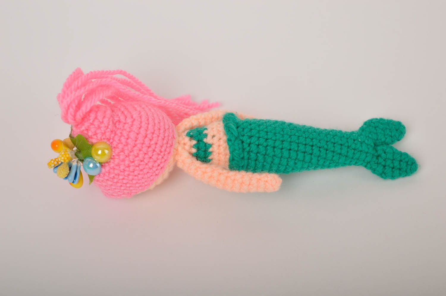 Little mermaid stuffed knitted toy in pink and green colors. 7 inches tall photo 4