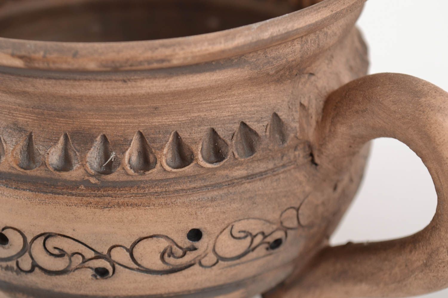 Handmade brown ceramic soup bowl with handles and pattern for 250 ml photo 4