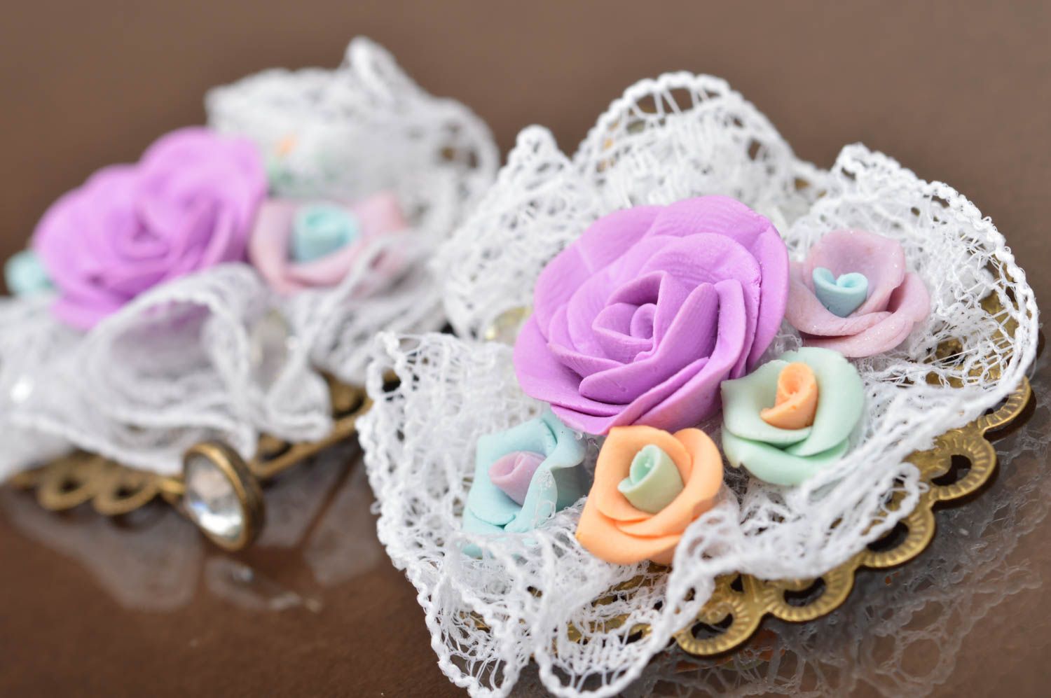 Beautiful bright handmade designer polymer clay flower stud earrings Roses photo 4
