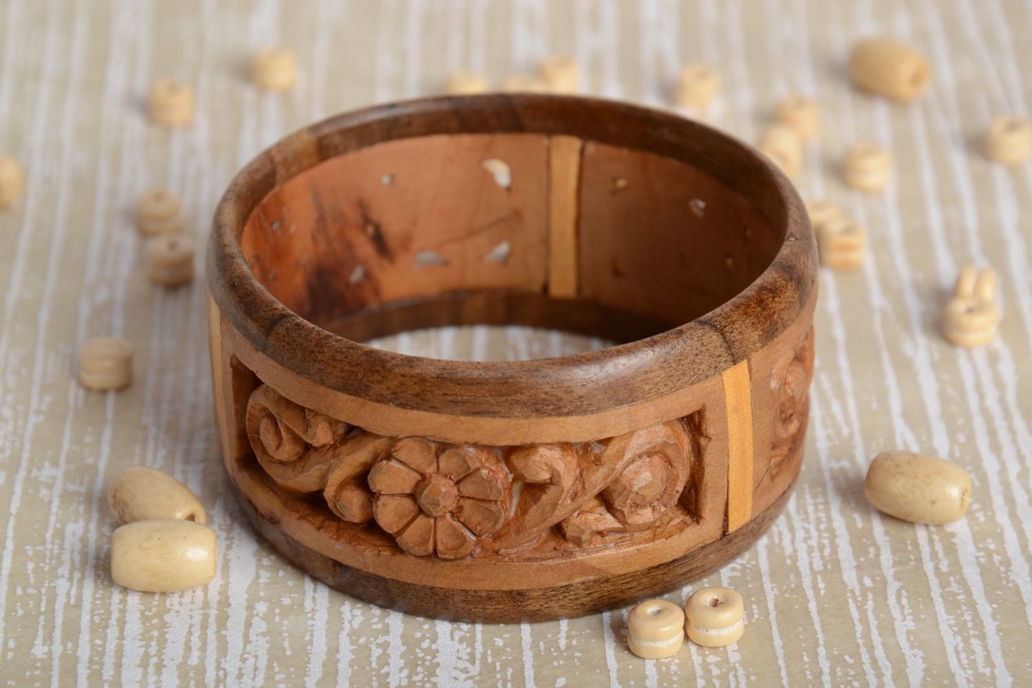 Two colored handmade wide wooden wrist bracelet with intarsia for women photo 1
