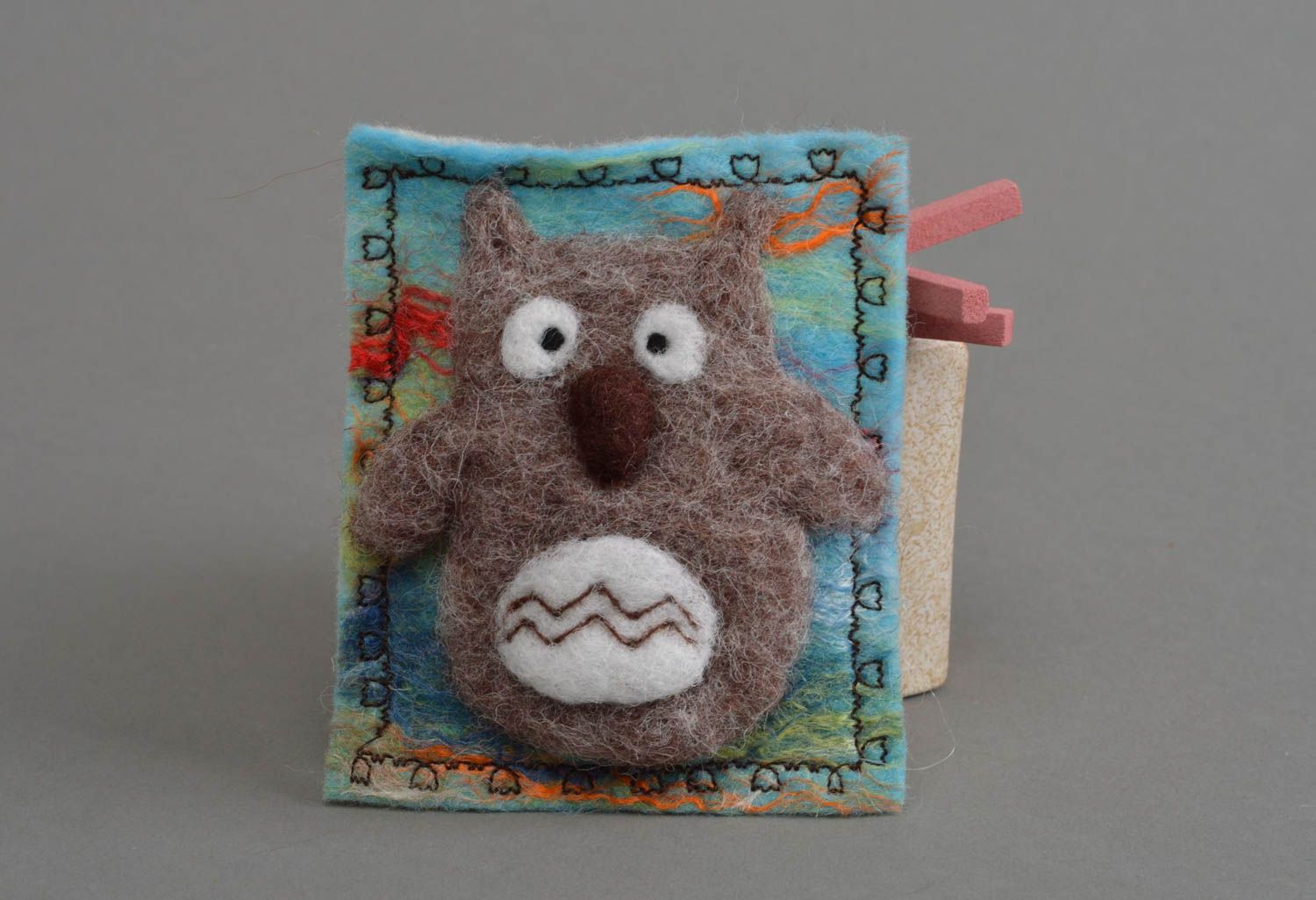 Handmade cute textile fridge magnet made of wool in shape of eagle owl photo 1
