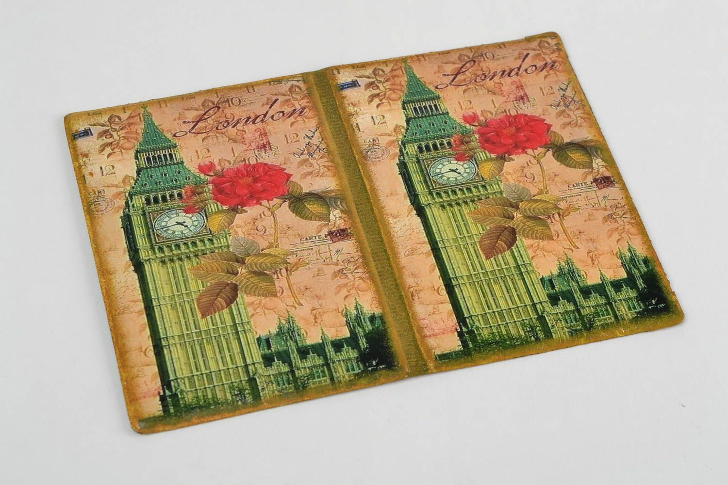 Handmade faux leather passport cover with decoupage image of Big Ben and rose photo 3