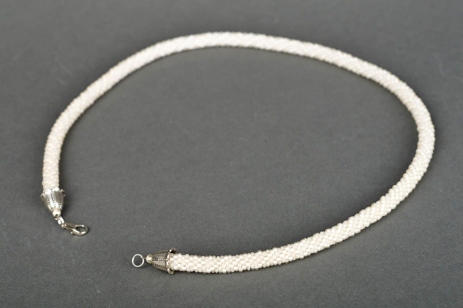 Handmade white festive necklace unusual beaded necklace female jewelry photo 5