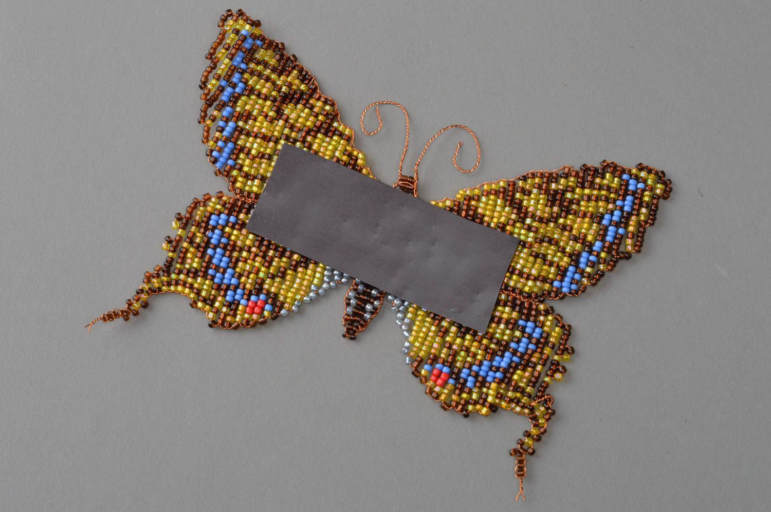 Magnet fait main décoratif tissé en perles de rocaille Papillon jaune brun photo 4