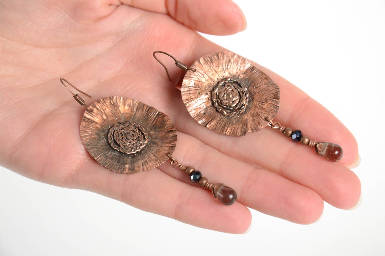 Handmade runde Kupfer Ohrringe Designer Schmuck Accessoire für Frauen lang foto 2