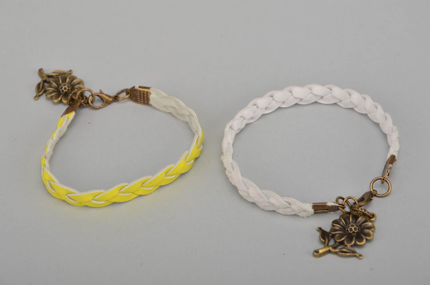 Set of 2 handmade designer genuine leather woven wrist bracelet yellow and white photo 5