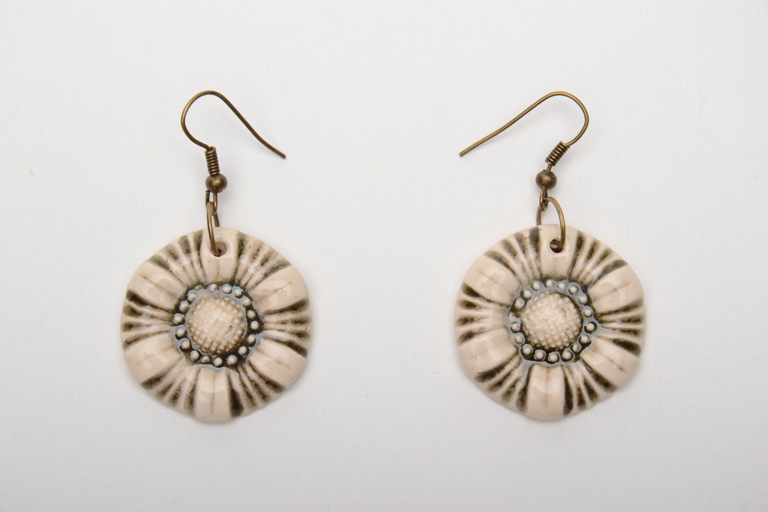 Handmade round beige dangle earrings molded of white clay and painted with enamel photo 5