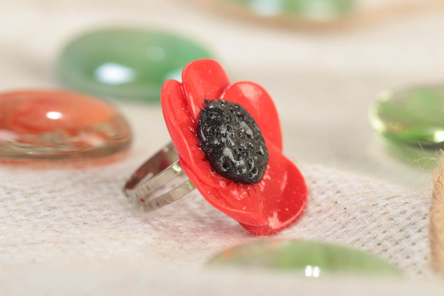 Handmade designer jewelry ring on metal basis with polymer clay red poppy flower photo 1