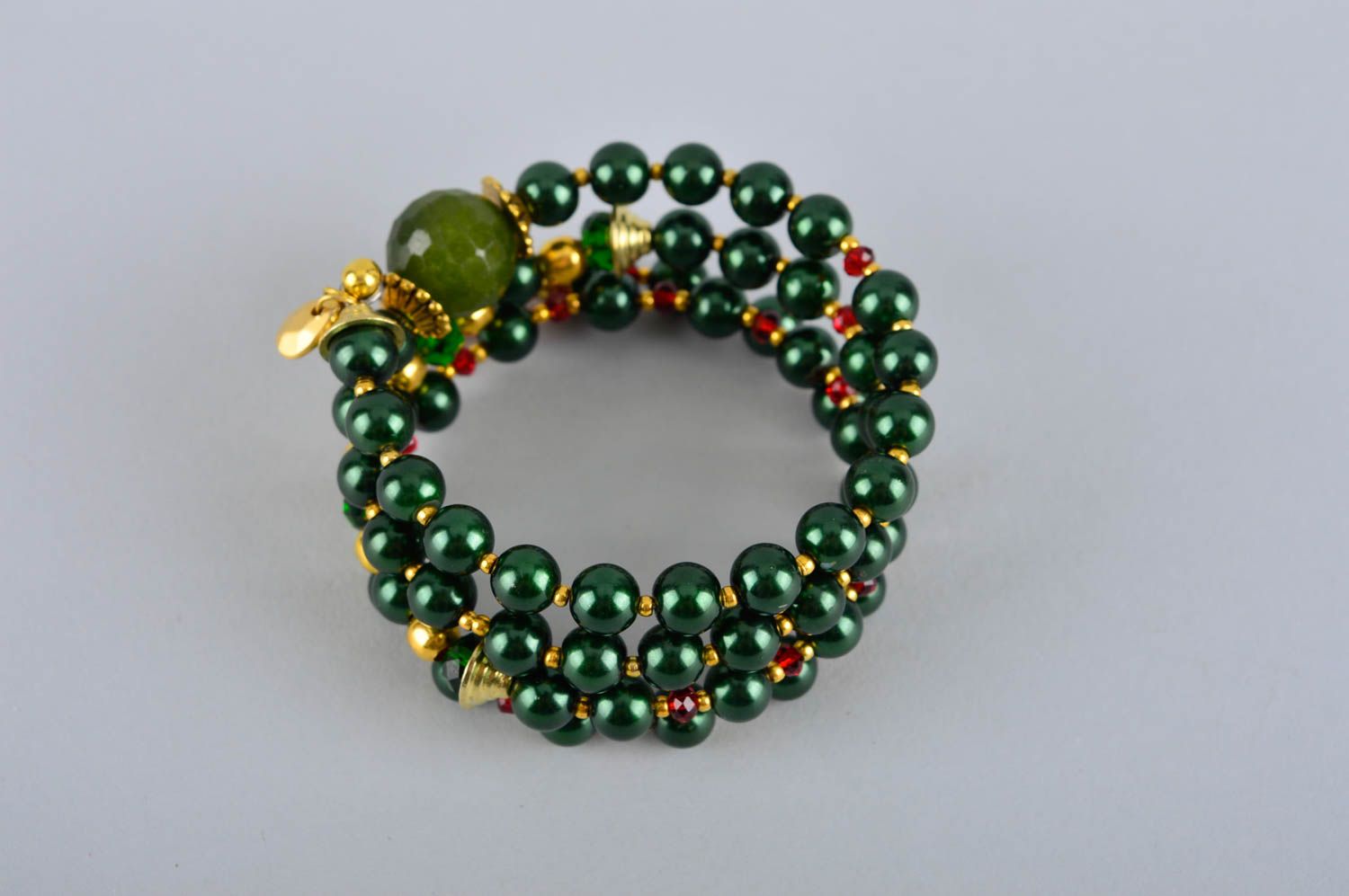Handmade green artificial pearls bracelet unique jewelry present for woman photo 5