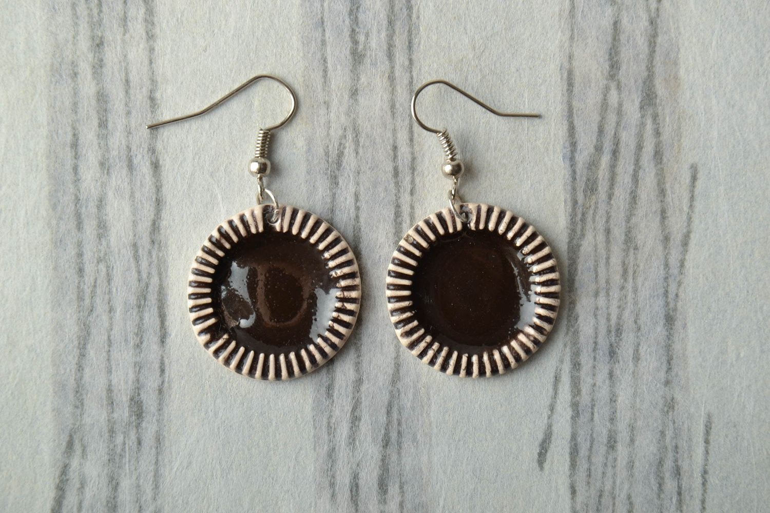 Ceramic earrings in ethnic style painted with enamels Chocolate Sun photo 1