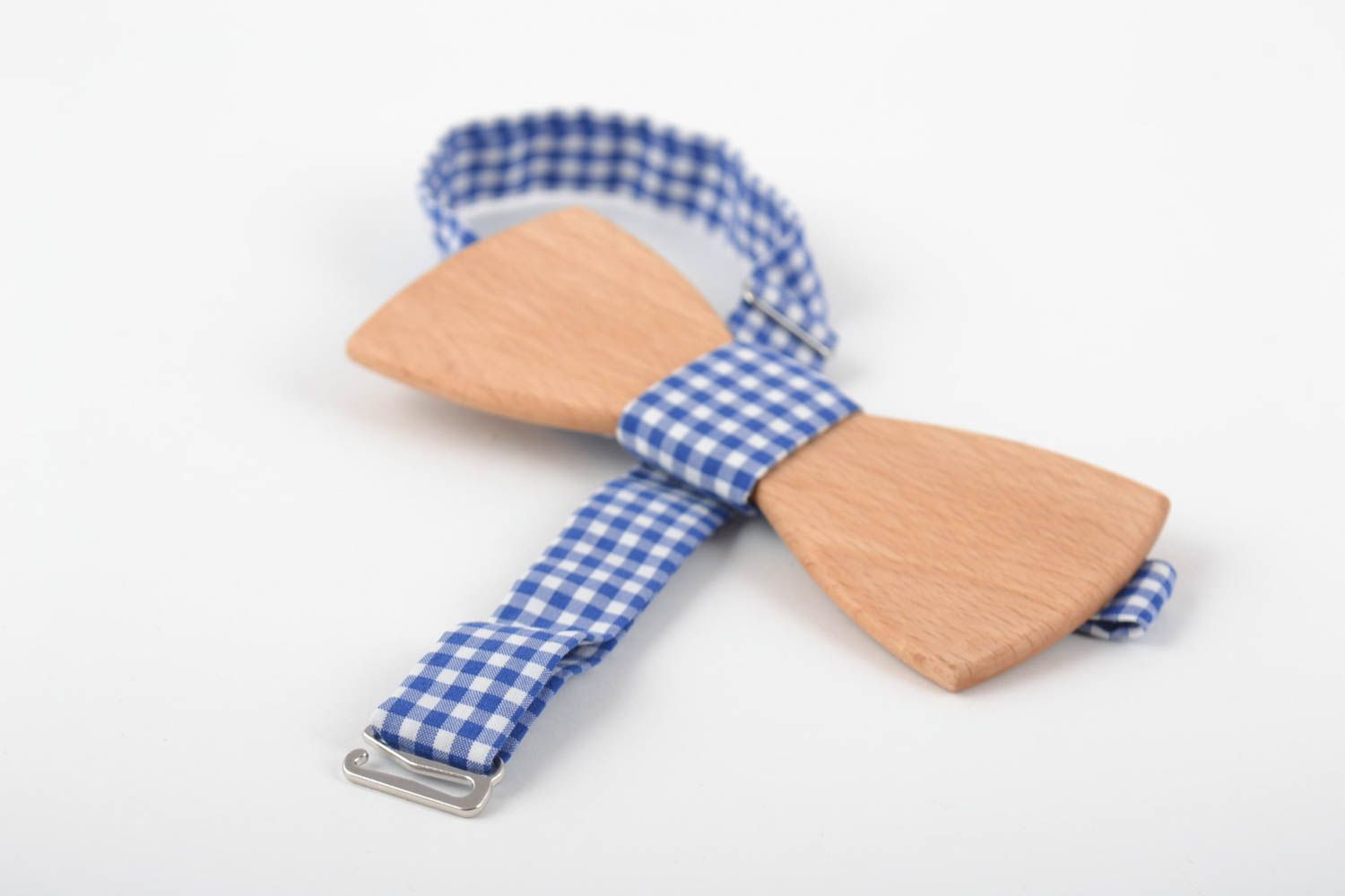 Handmade designer wooden bow tie with checkered blue fabric strap photo 5