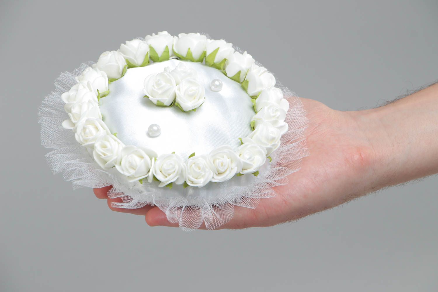White handmade satin ring bearer pillow with artificial flowers photo 5