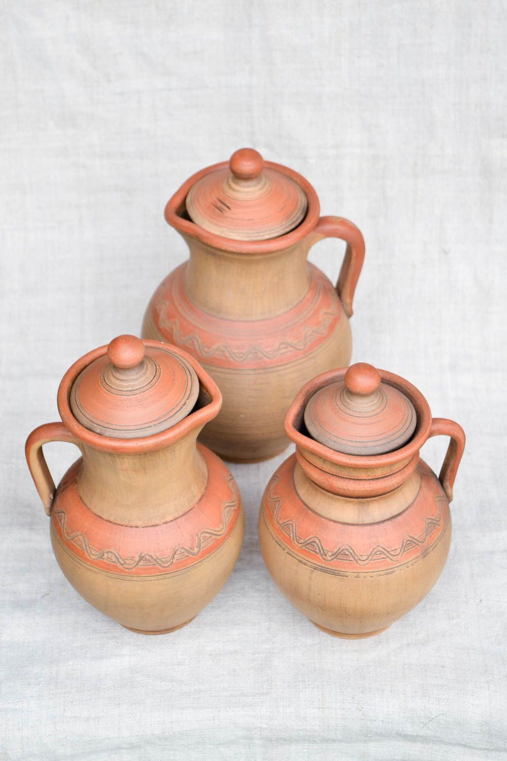 Set of three clay glazed wine milk juice jugs with lids and handles gift home pottery photo 3