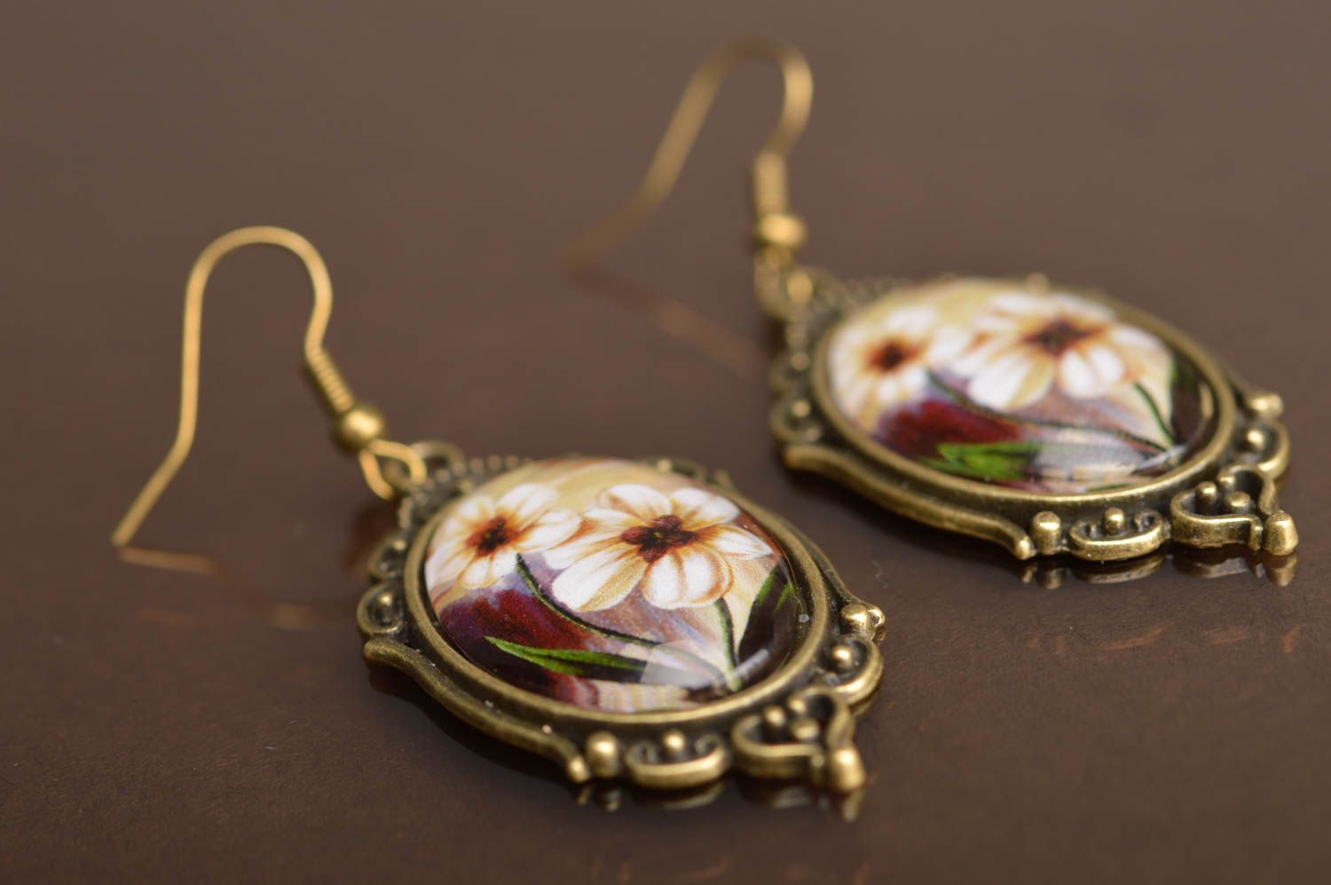 Boucles d'oreilles pendantes ovales métal images de fleurs cabochons faites main photo 3
