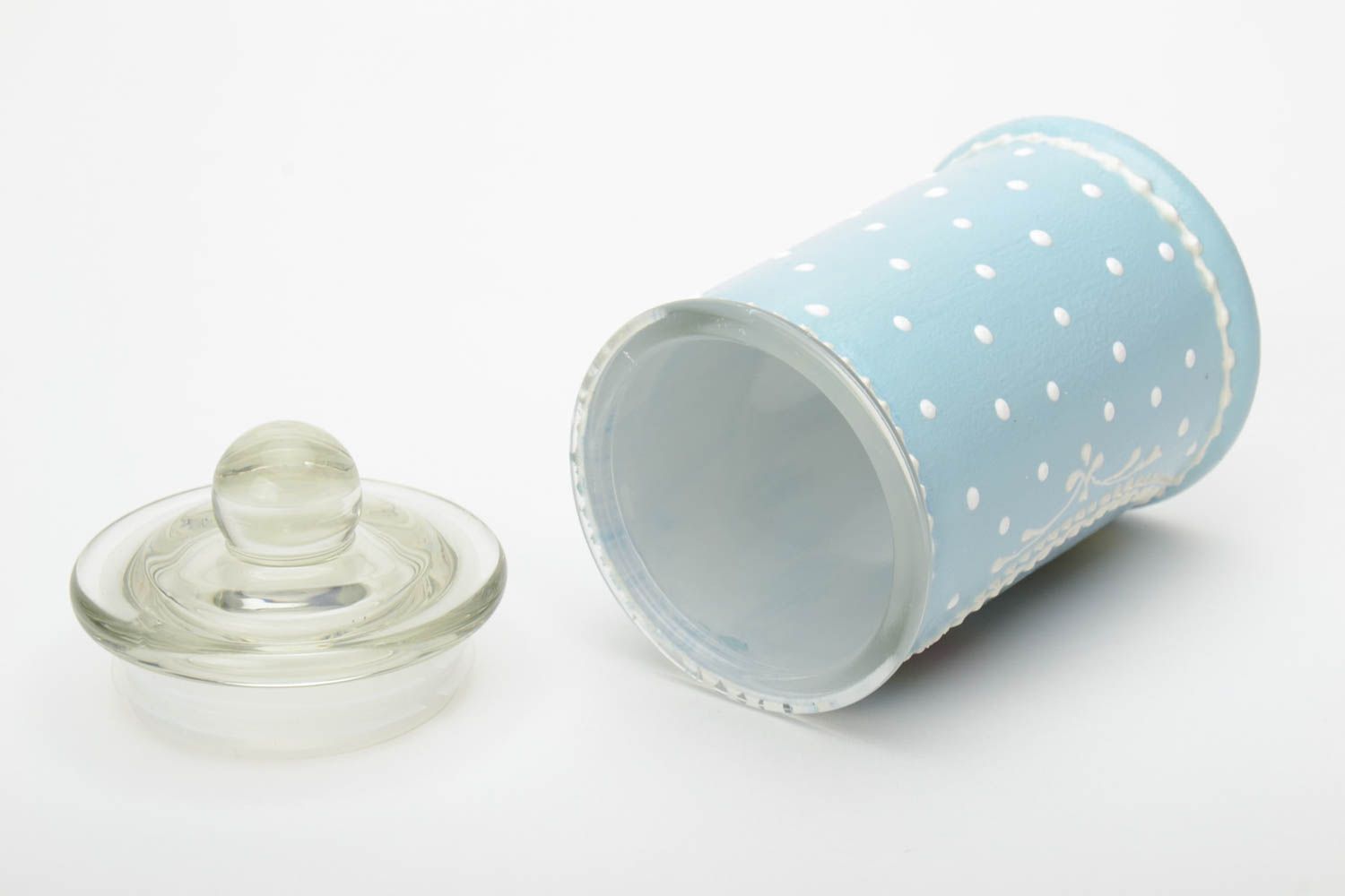 Tarro de vidrio para productos a granel azul artesanal con tapa decoupage foto 3