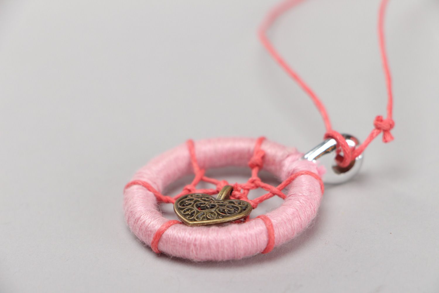 Small pink dreamcatcher pendant necklace with a charm on cord for women photo 3