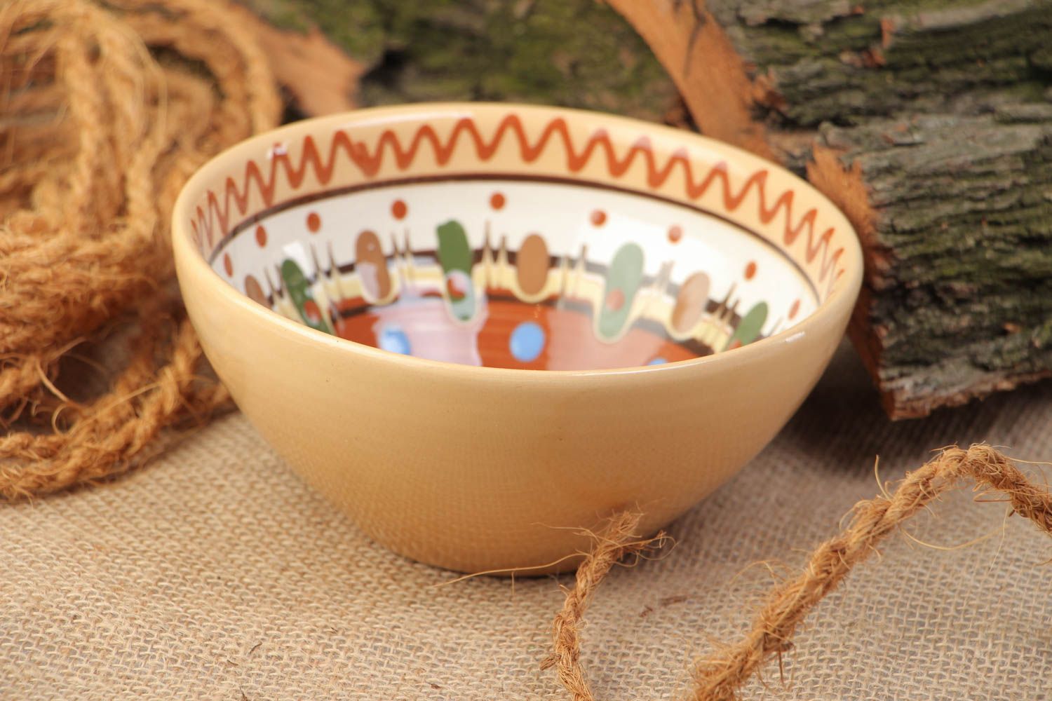 Designer deep ceramic bowl 400 ml with glaze painted ornaments handmade photo 1