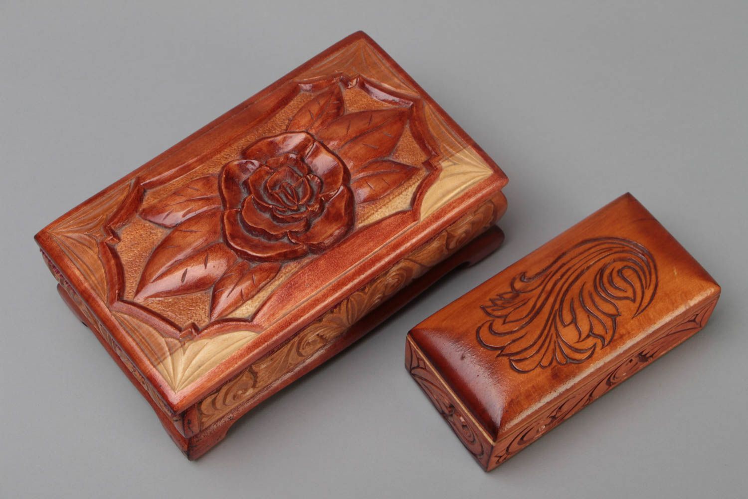 Unusual beautiful handmade carved wooden jewelry boxes set 2 pieces photo 2